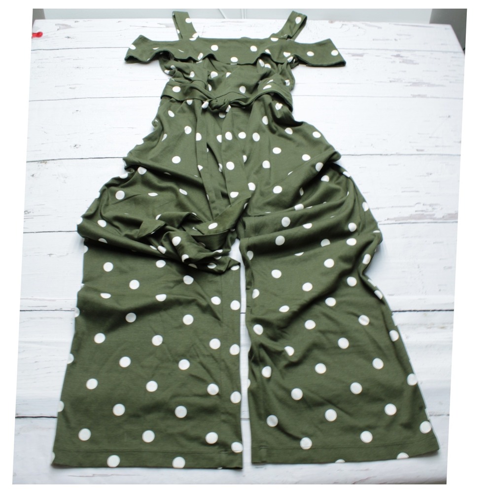 New York & Company Polka Dot Cotton Jumpsuit Green L Romper - Picture 2 of 10